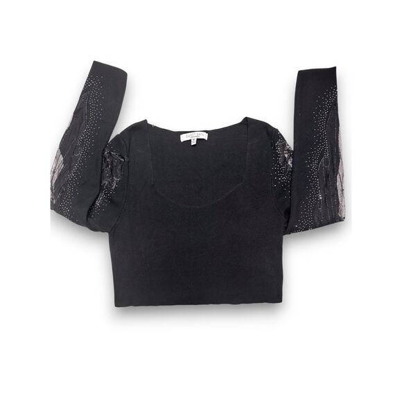 Sweet Rain Black Embellished Knit Crop Top W/ Lace Sleeves Size Medium - Picture 6 of 13